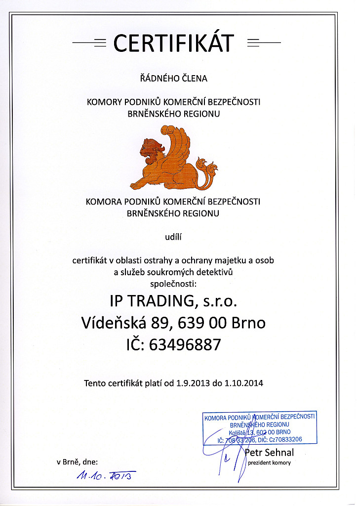 Ostraha - certifik&aacute;t
